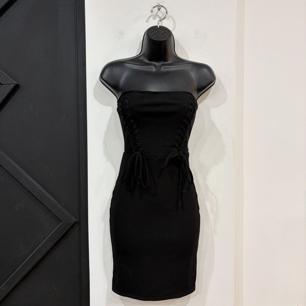 Strapless Black Corset Style Lace Up Bodycon Mini Dress Size Small